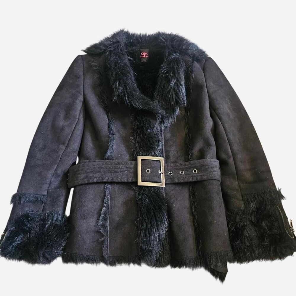 vintage y2k bebe black faux fur lined belted penny lane coat